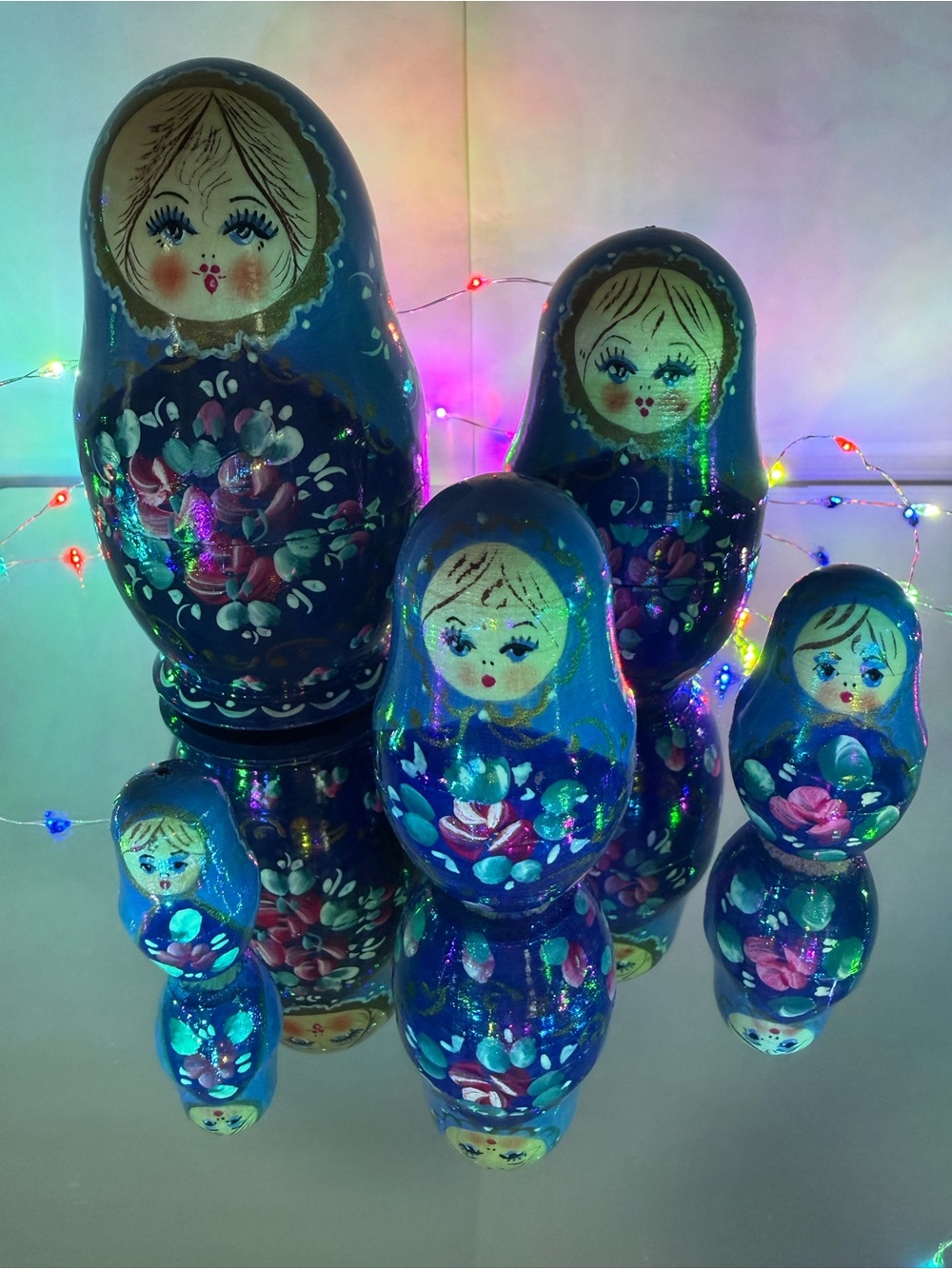 Hand-Painted Blue Floral Matryoshka Nesting Dolls - Set of 5